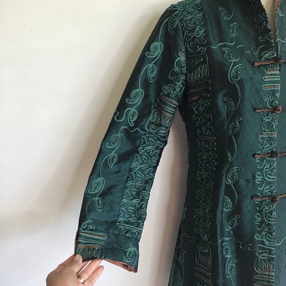 MINIYE ASIAN WOMEN ELEGANT TEAL GREEN EMBROIDERED FLORAL DESIGN SILK COAT SZ XL - Picture 3 of 10